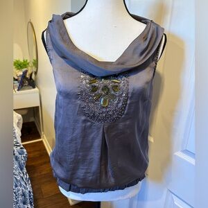 RW&CO NWT Embellished Cowl Neck Sleeveless Blouse Gray Beaded Top Size S